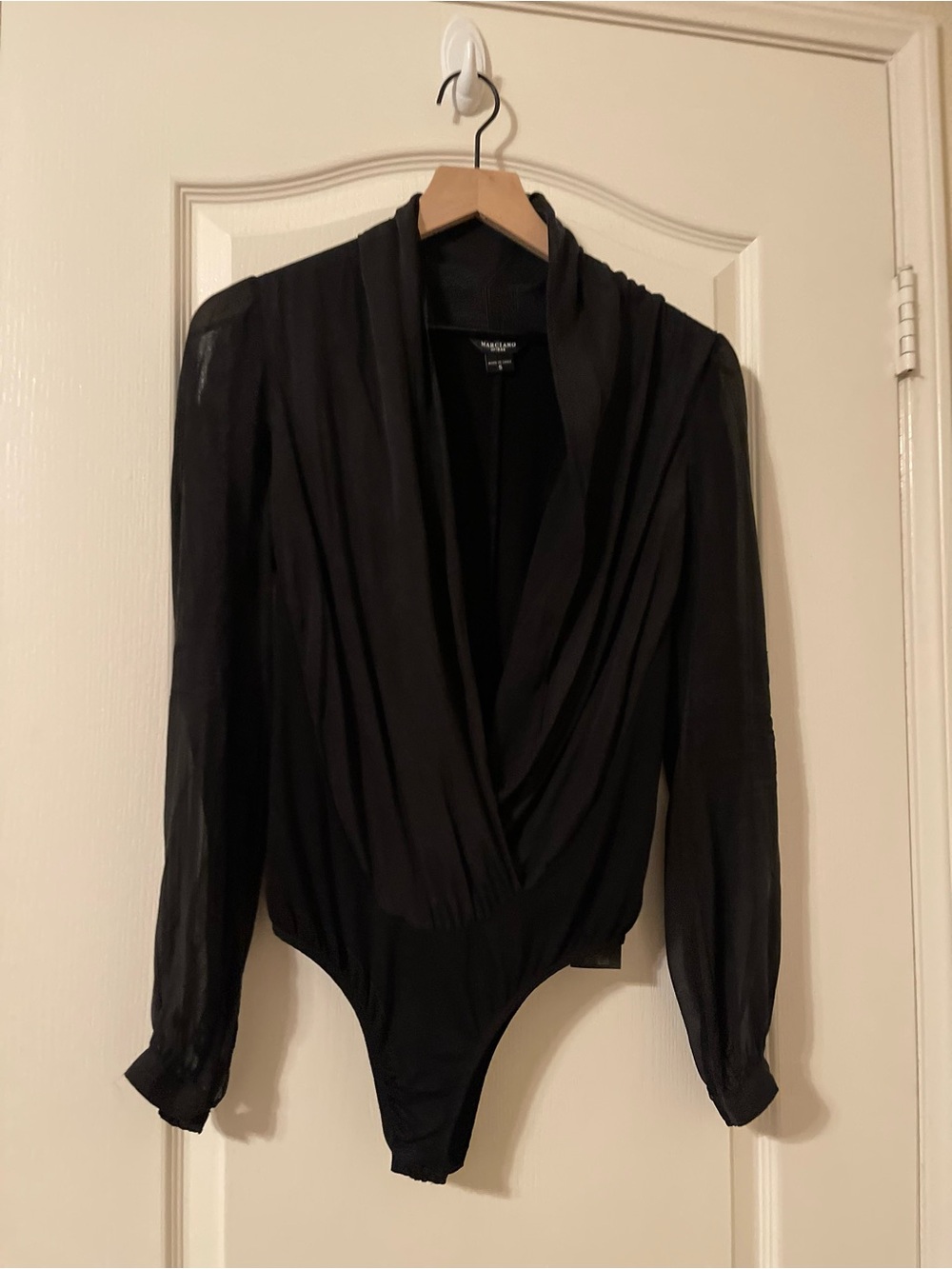 Marciano Sheer Black Draped Wrap Bodysuit Top